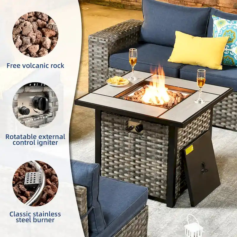 OVIOS Patio Wicker Furniture Wide Arm 7-piece Fire Pit Set with Table