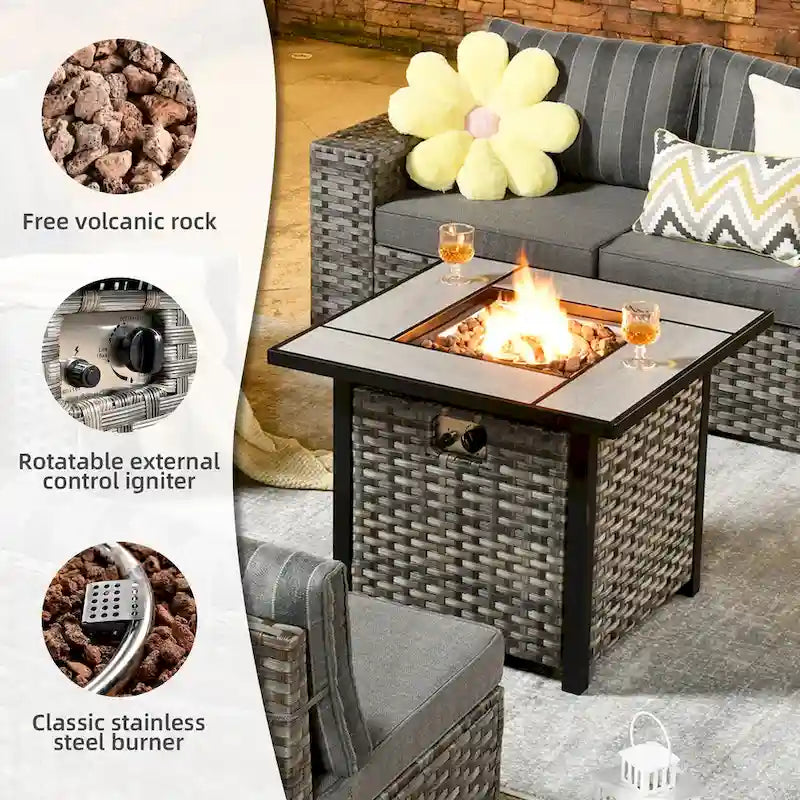 OVIOS Patio Wicker Furniture Wide Arm 7-piece Fire Pit Set with Table