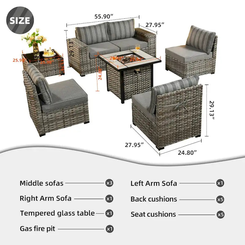 OVIOS Patio Wicker Furniture Wide Arm 7-piece Fire Pit Set with Table