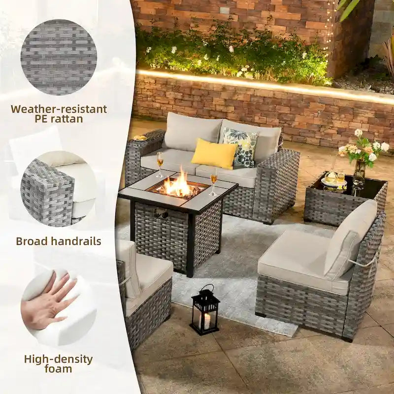 OVIOS Patio Wicker Furniture Wide Arm 7-piece Fire Pit Set with Table