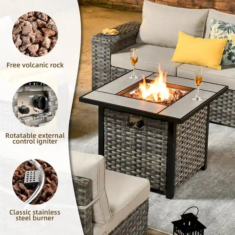 OVIOS Patio Wicker Furniture Wide Arm 7-piece Fire Pit Set with Table