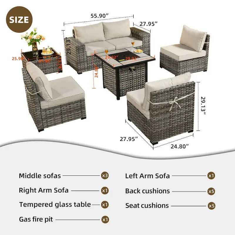 OVIOS Patio Wicker Furniture Wide Arm 7-piece Fire Pit Set with Table