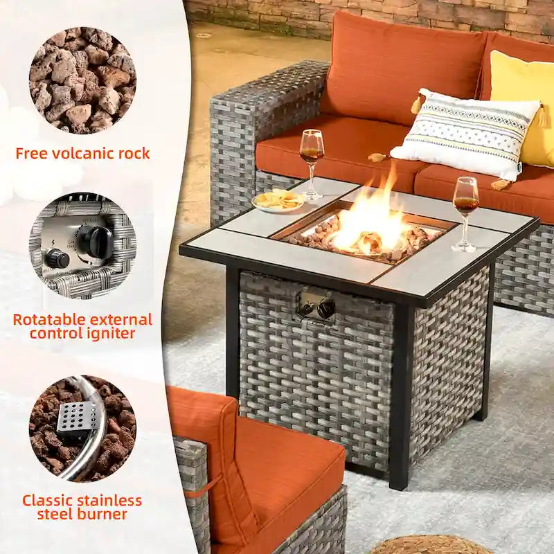 OVIOS Patio Wicker Furniture Wide Arm 7-piece Fire Pit Set with Table