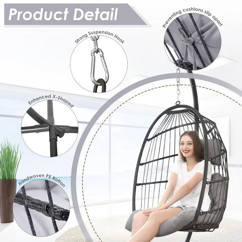 FINCATI Outdoor Oversized Luxury Hanging Egg Chair with Stand, 350 lbs Indoor Egg Swing Chair with Stand, Egg Chair Outdoor