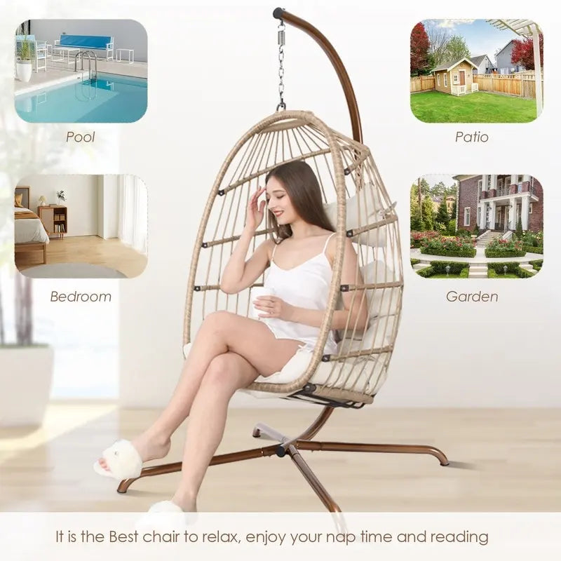 FINCATI Outdoor Oversized Luxury Hanging Egg Chair with Stand, 350 lbs Indoor Egg Swing Chair with Stand, Egg Chair Outdoor