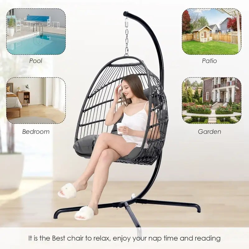 FINCATI Outdoor Oversized Luxury Hanging Egg Chair with Stand, 350 lbs Indoor Egg Swing Chair with Stand, Egg Chair Outdoor