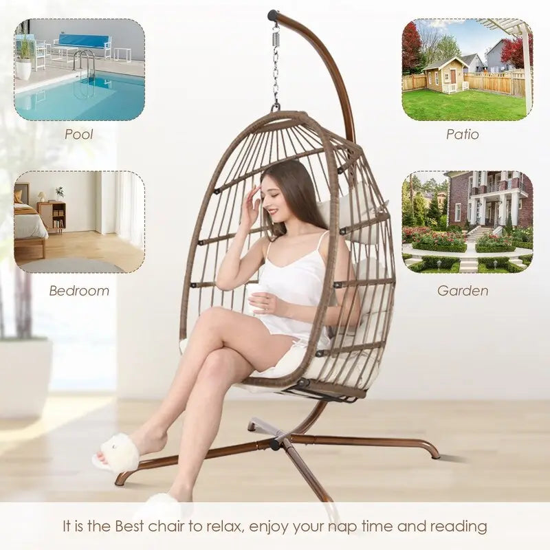 FINCATI Outdoor Oversized Luxury Hanging Egg Chair with Stand, 350 lbs Indoor Egg Swing Chair with Stand, Egg Chair Outdoor