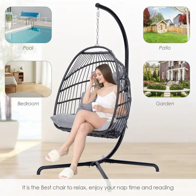 FINCATI Outdoor Oversized Luxury Hanging Egg Chair with Stand, 350 lbs Indoor Egg Swing Chair with Stand, Egg Chair Outdoor