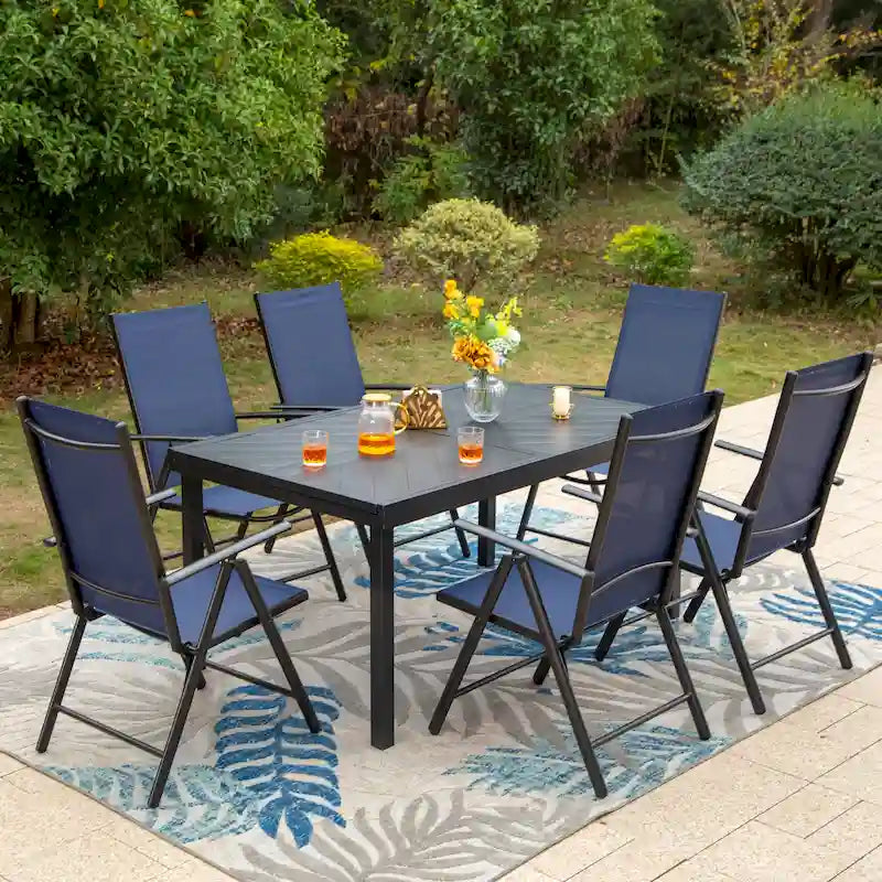 Outdoor 7 Pieces Dining Set, 6 x Reclining Folding Sling Dining Chairs and 1 Patio Extendable Table for 6-8 Person - 7-pieces