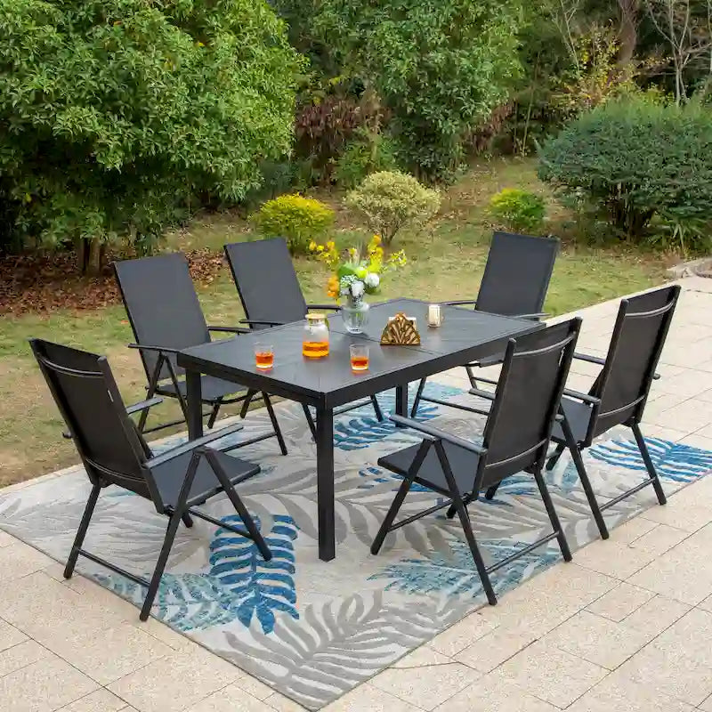 Outdoor 7 Pieces Dining Set, 6 x Reclining Folding Sling Dining Chairs and 1 Patio Extendable Table for 6-8 Person - 7-pieces