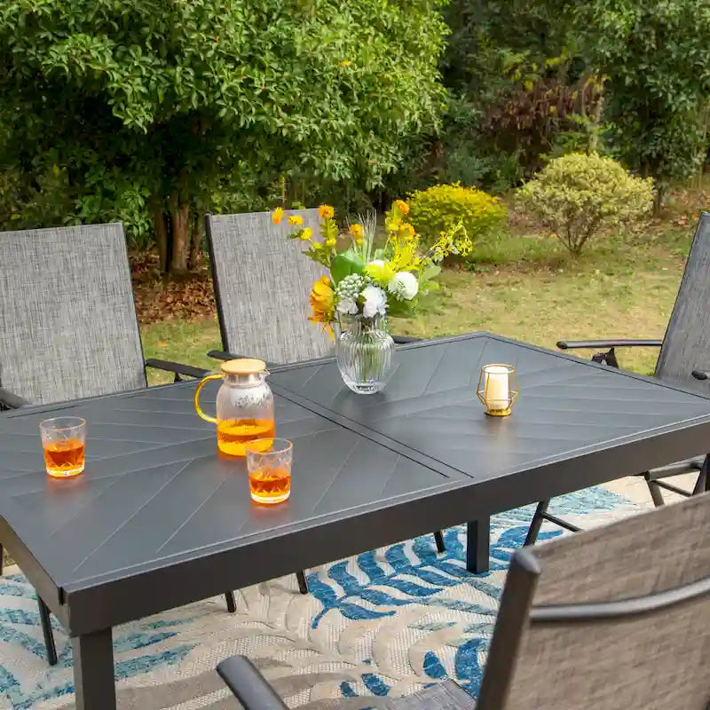 Outdoor 7 Pieces Dining Set, 6 x Reclining Folding Sling Dining Chairs and 1 Patio Extendable Table for 6-8 Person - 7-pieces