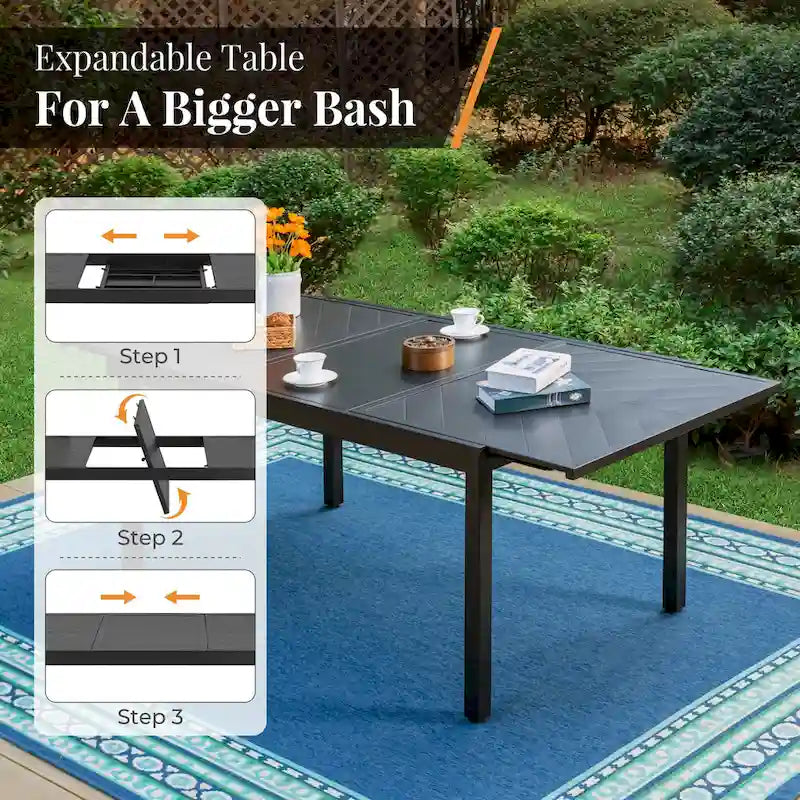 Outdoor 7 Pieces Dining Set, 6 x Reclining Folding Sling Dining Chairs and 1 Patio Extendable Table for 6-8 Person - 7-pieces