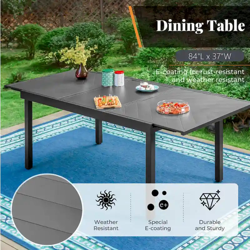 Outdoor 7 Pieces Dining Set, 6 x Reclining Folding Sling Dining Chairs and 1 Patio Extendable Table for 6-8 Person - 7-pieces