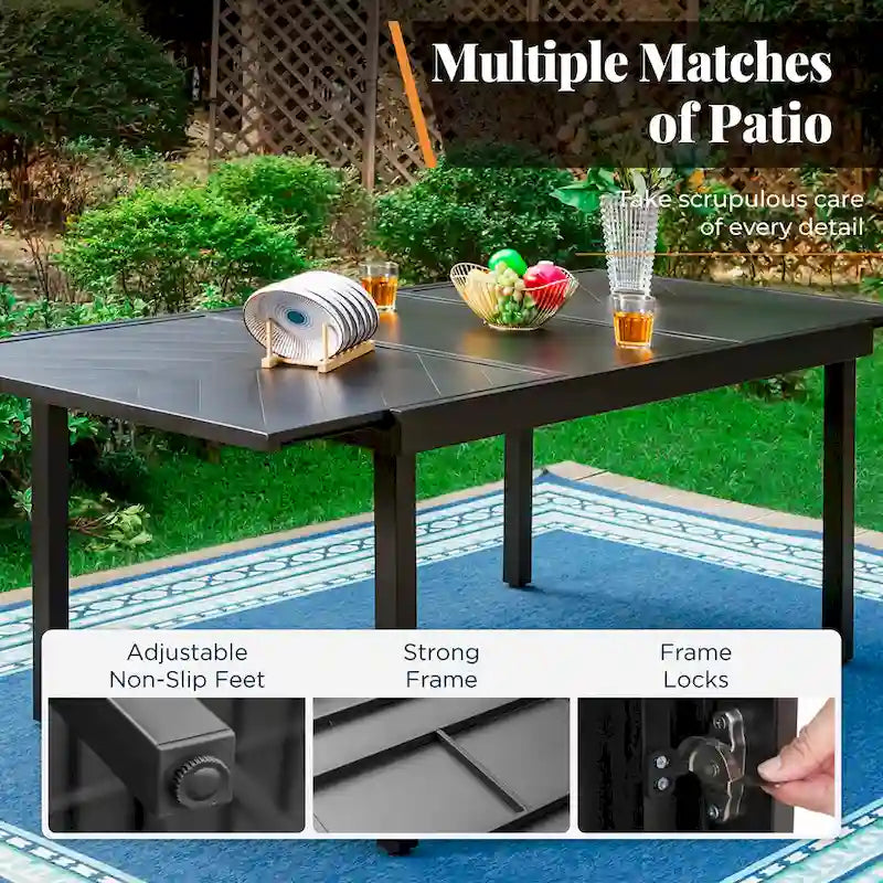 Outdoor 7 Pieces Dining Set, 6 x Reclining Folding Sling Dining Chairs and 1 Patio Extendable Table for 6-8 Person - 7-pieces