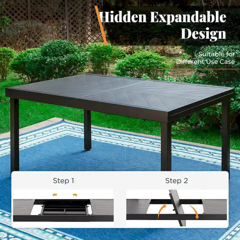 Outdoor 7 Pieces Dining Set, 6 x Reclining Folding Sling Dining Chairs and 1 Patio Extendable Table for 6-8 Person - 7-pieces