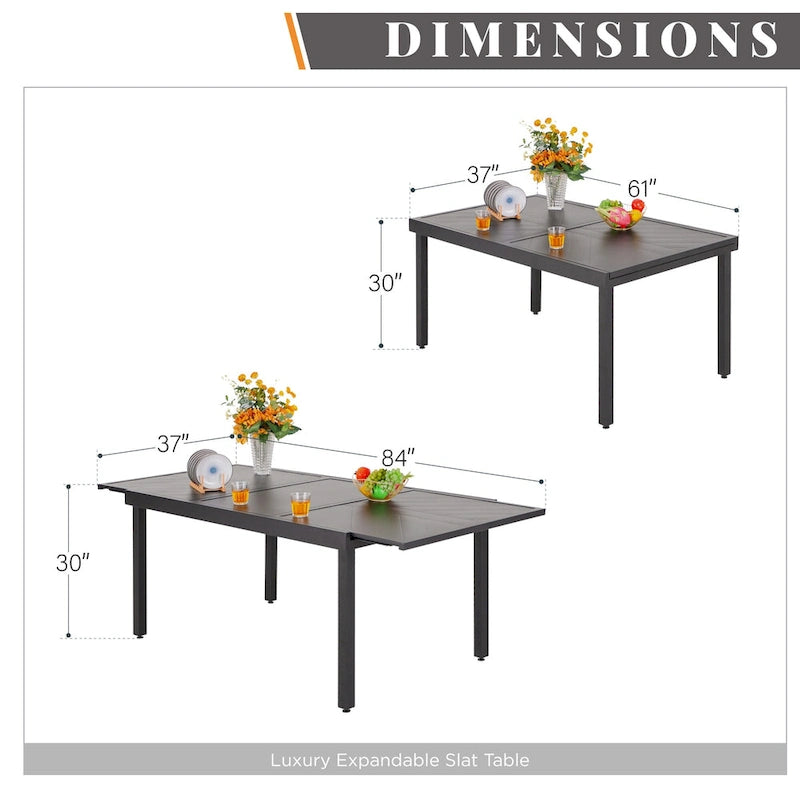 Outdoor 7 Pieces Dining Set, 6 x Reclining Folding Sling Dining Chairs and 1 Patio Extendable Table for 6-8 Person - 7-pieces