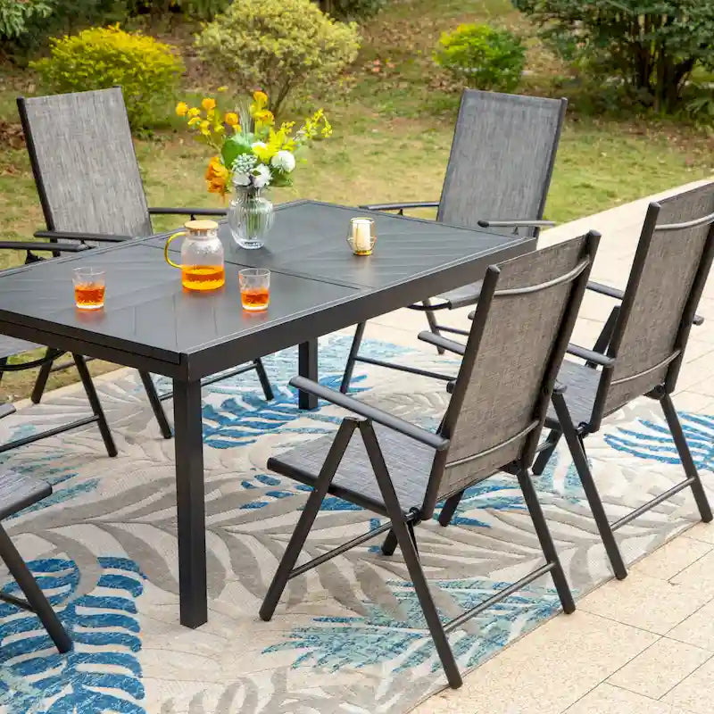 Outdoor 7 Pieces Dining Set, 6 x Reclining Folding Sling Dining Chairs and 1 Patio Extendable Table for 6-8 Person - 7-pieces