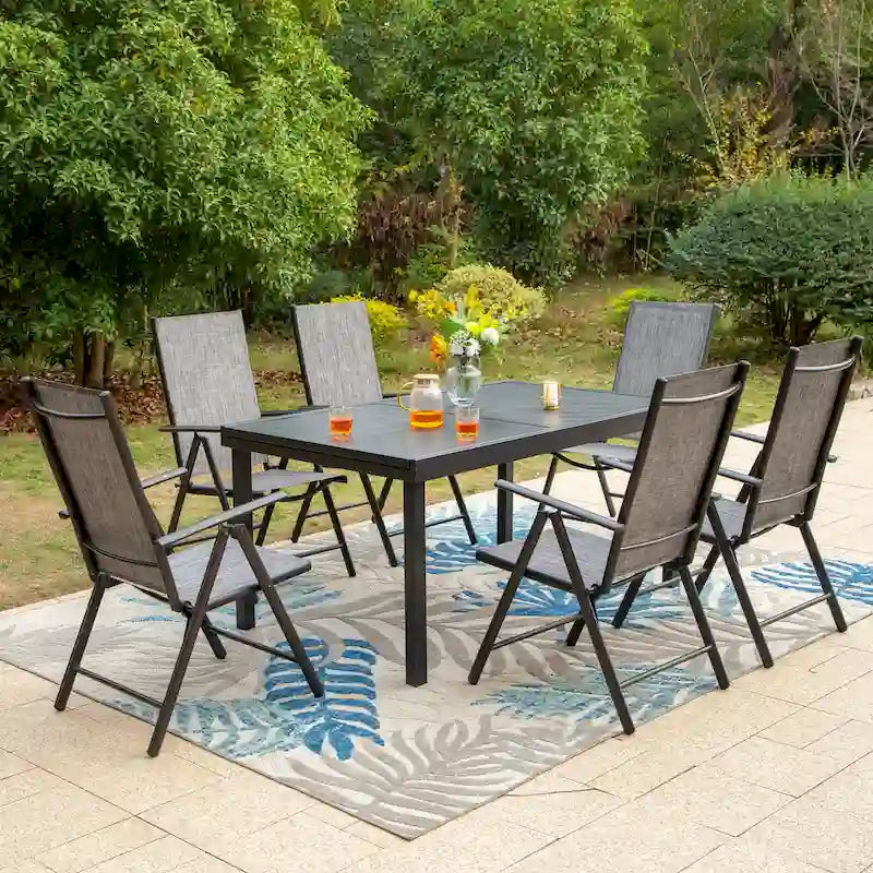 Outdoor 7 Pieces Dining Set, 6 x Reclining Folding Sling Dining Chairs and 1 Patio Extendable Table for 6-8 Person - 7-pieces