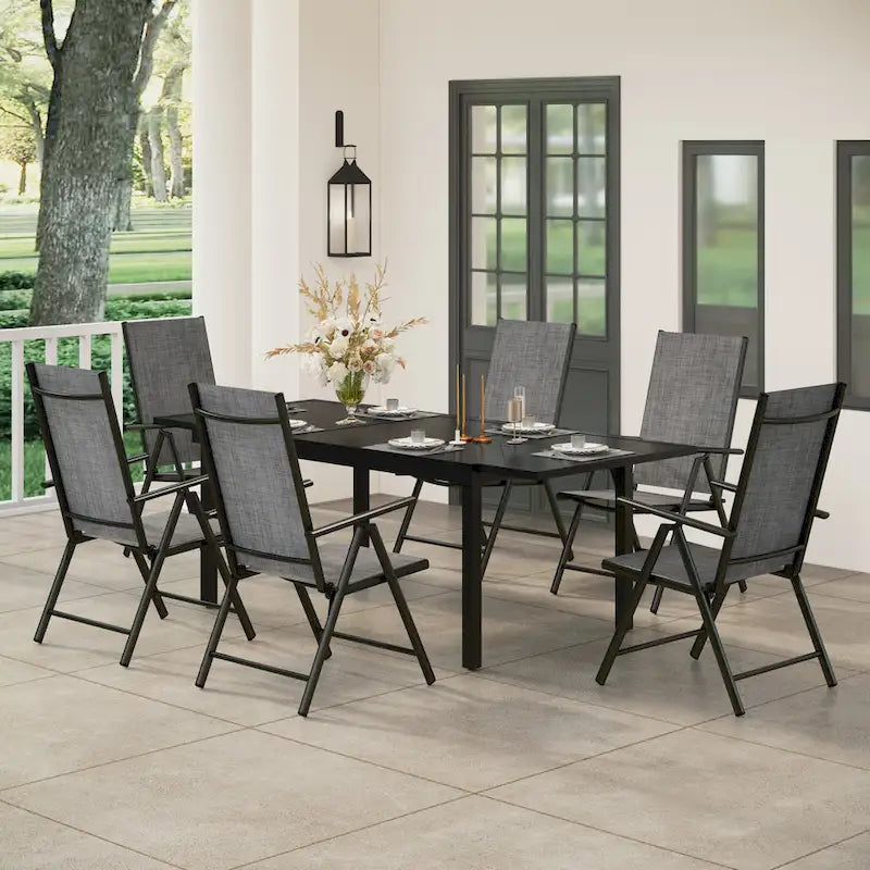 Outdoor 7 Pieces Dining Set, 6 x Reclining Folding Sling Dining Chairs and 1 Patio Extendable Table for 6-8 Person - 7-pieces
