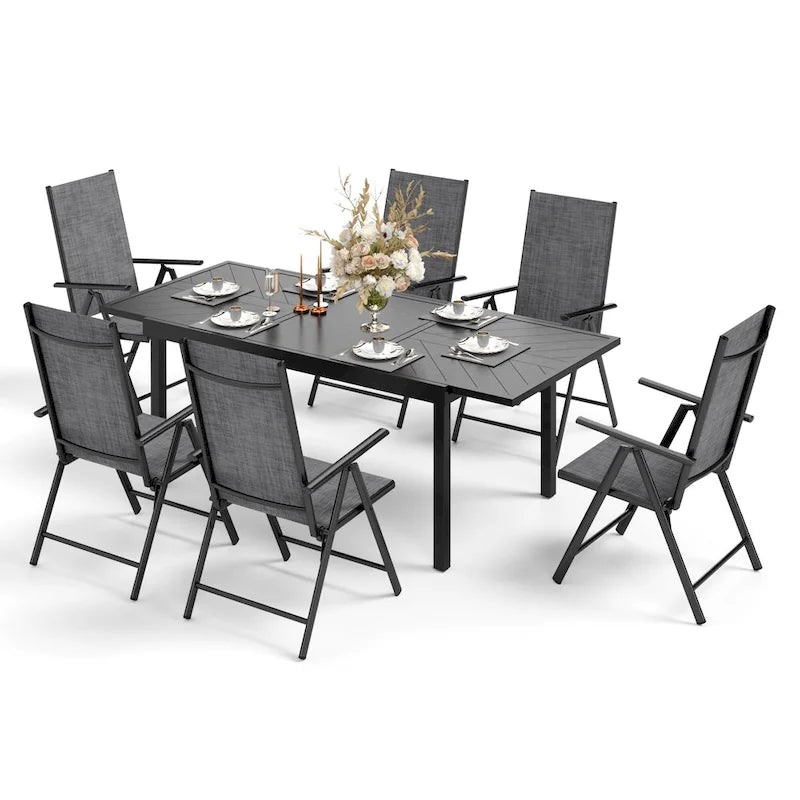Outdoor 7 Pieces Dining Set, 6 x Reclining Folding Sling Dining Chairs and 1 Patio Extendable Table for 6-8 Person - 7-pieces