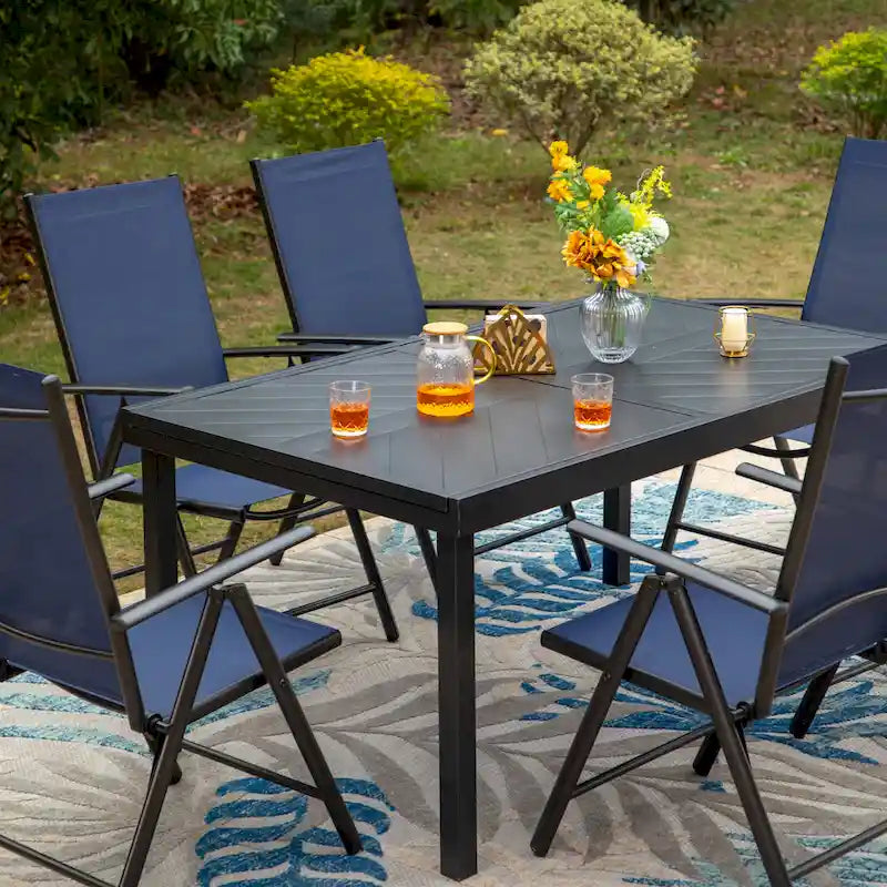 Outdoor 7 Pieces Dining Set, 6 x Reclining Folding Sling Dining Chairs and 1 Patio Extendable Table for 6-8 Person - 7-pieces