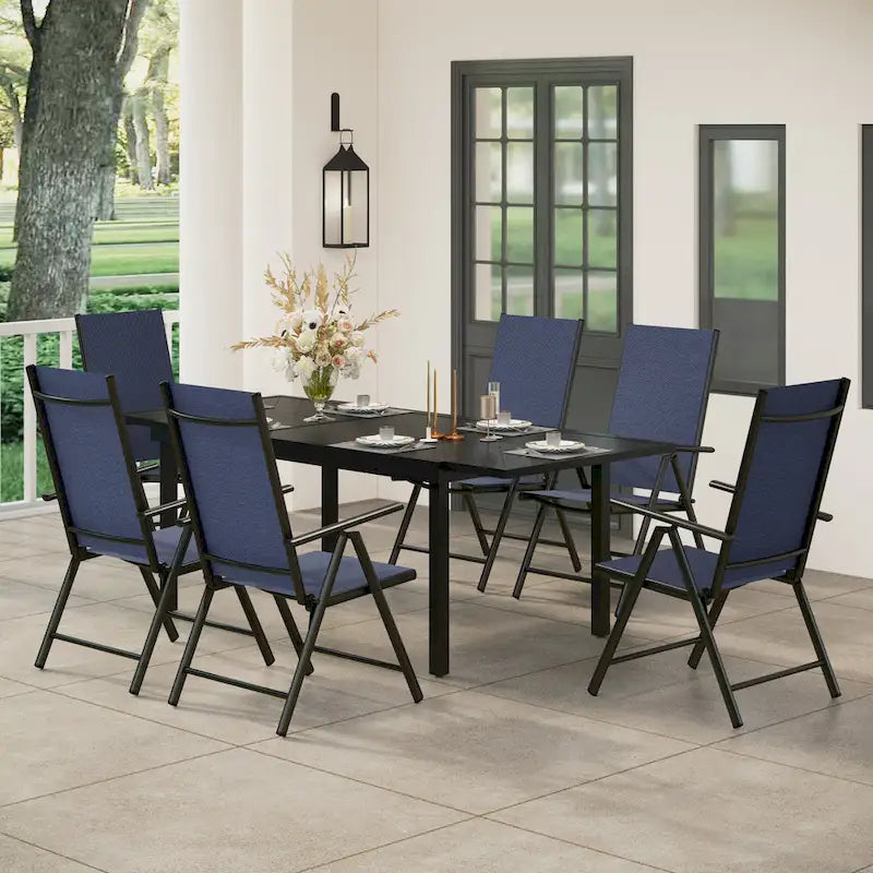 Outdoor 7 Pieces Dining Set, 6 x Reclining Folding Sling Dining Chairs and 1 Patio Extendable Table for 6-8 Person - 7-pieces