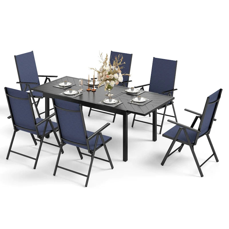 Outdoor 7 Pieces Dining Set, 6 x Reclining Folding Sling Dining Chairs and 1 Patio Extendable Table for 6-8 Person - 7-pieces