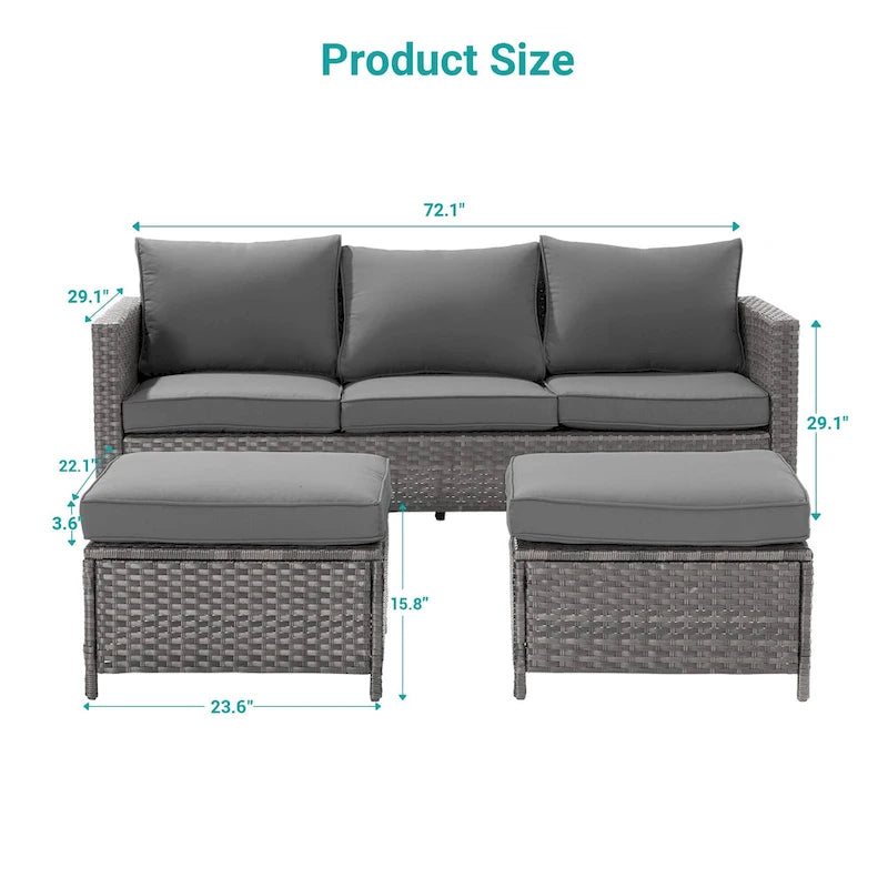 BONOSUKI 3-Piece Patio Sofa Set Grey Rattan Furniture with Ottomans