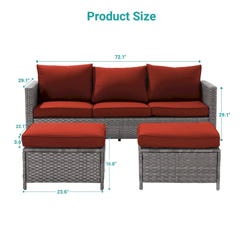 BONOSUKI 3-Piece Patio Sofa Set Grey Rattan Furniture with Ottomans