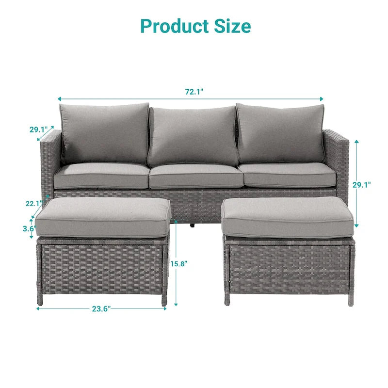 BONOSUKI 3-Piece Patio Sofa Set Grey Rattan Furniture with Ottomans