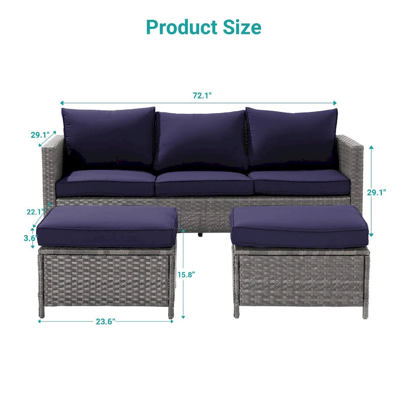 BONOSUKI 3-Piece Patio Sofa Set Grey Rattan Furniture with Ottomans