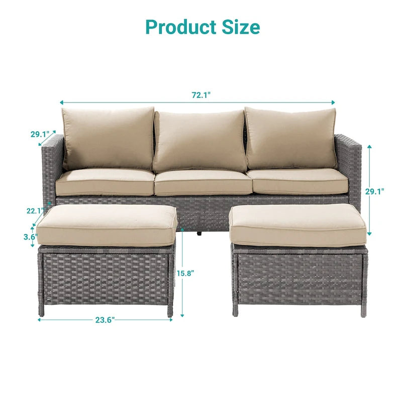BONOSUKI 3-Piece Patio Sofa Set Grey Rattan Furniture with Ottomans