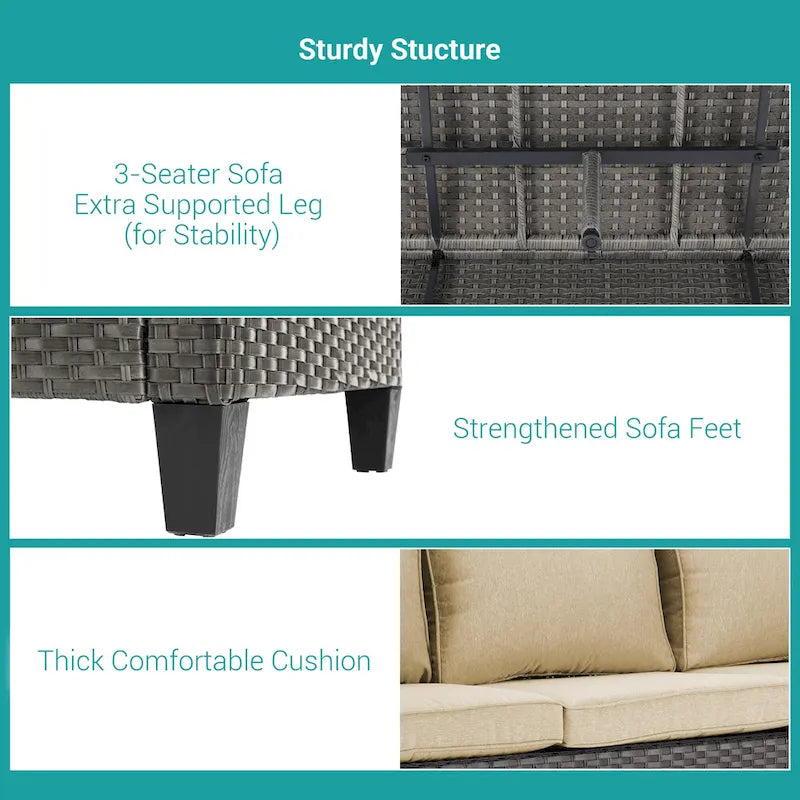BONOSUKI 3-Piece Patio Sofa Set Grey Rattan Furniture with Ottomans