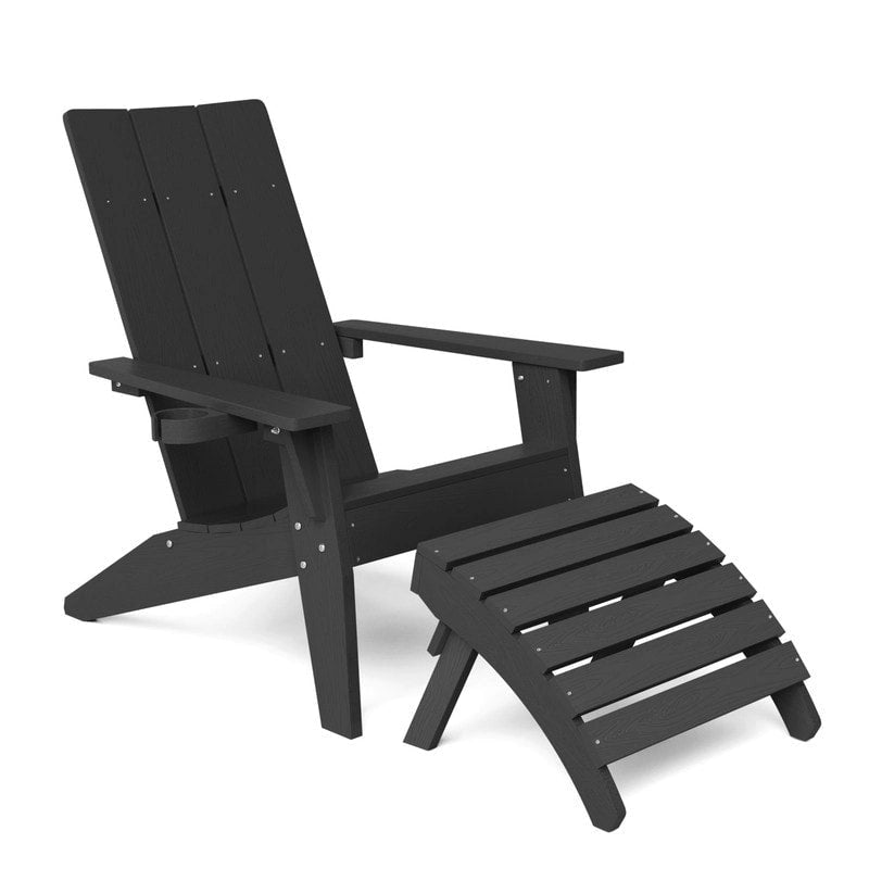 WINSOON 2-Piece All Weather HIPS Outdoor Adirondack Chair with Cup-Holder and Ottoman