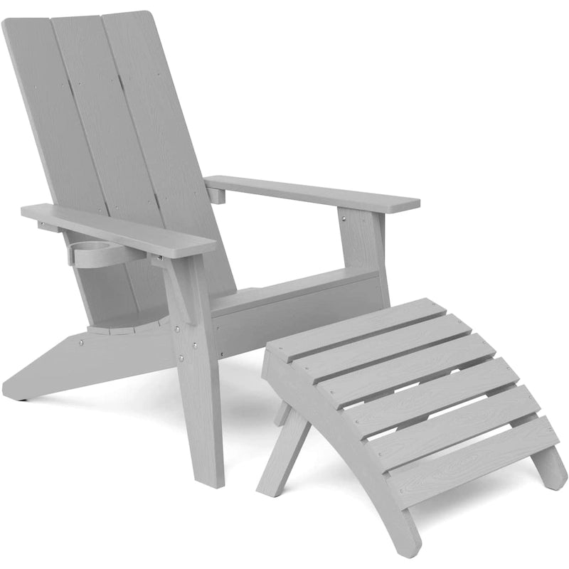 WINSOON 2-Piece All Weather HIPS Outdoor Adirondack Chair with Cup-Holder and Ottoman