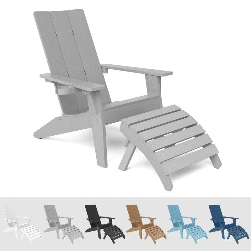 WINSOON 2-Piece All Weather HIPS Outdoor Adirondack Chair with Cup-Holder and Ottoman