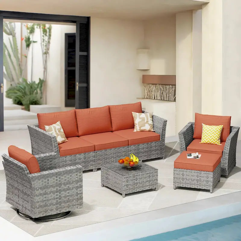 HOOOWOOO 7-piece PE Wicker Outdoor Furniture Sectional Set with Swivel Rocking Chair