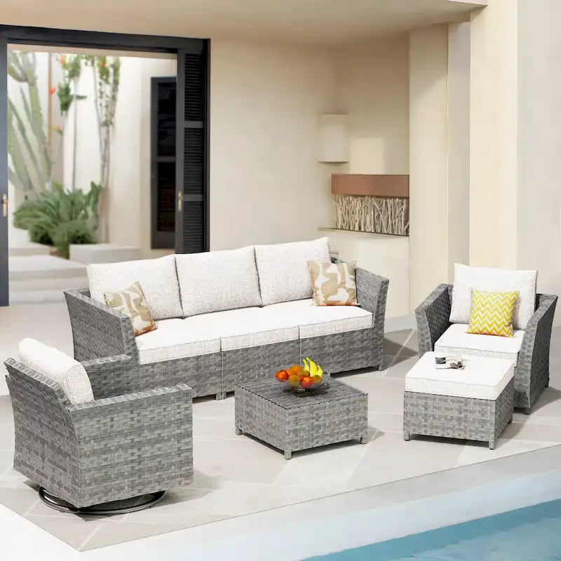 HOOOWOOO 7-piece PE Wicker Outdoor Furniture Sectional Set with Swivel Rocking Chair