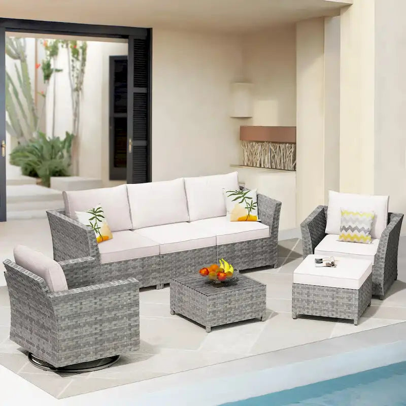 HOOOWOOO 7-piece PE Wicker Outdoor Furniture Sectional Set with Swivel Rocking Chair