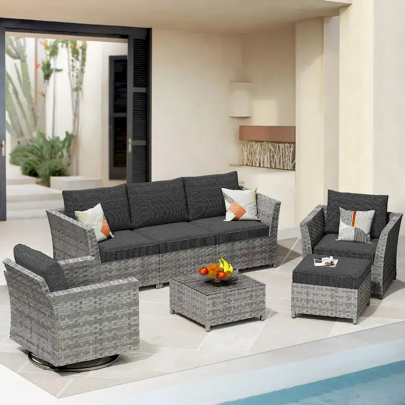HOOOWOOO 7-piece PE Wicker Outdoor Furniture Sectional Set with Swivel Rocking Chair