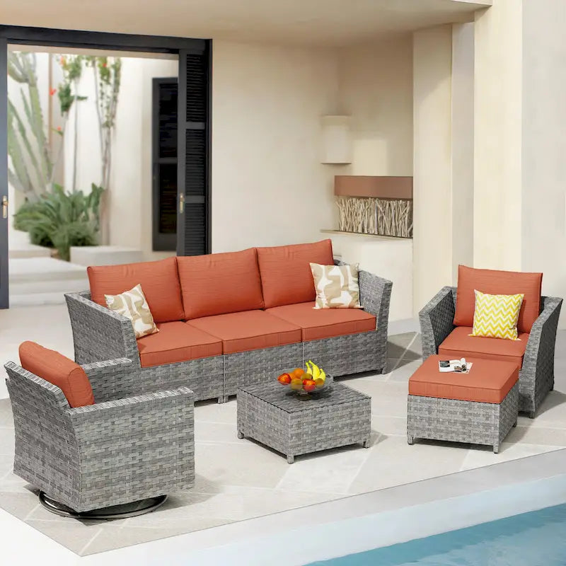 HOOOWOOO 7-piece PE Wicker Outdoor Furniture Sectional Set with Swivel Rocking Chair