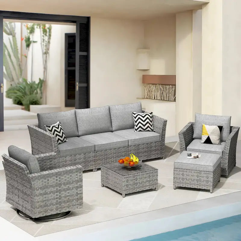 HOOOWOOO 7-piece PE Wicker Outdoor Furniture Sectional Set with Swivel Rocking Chair