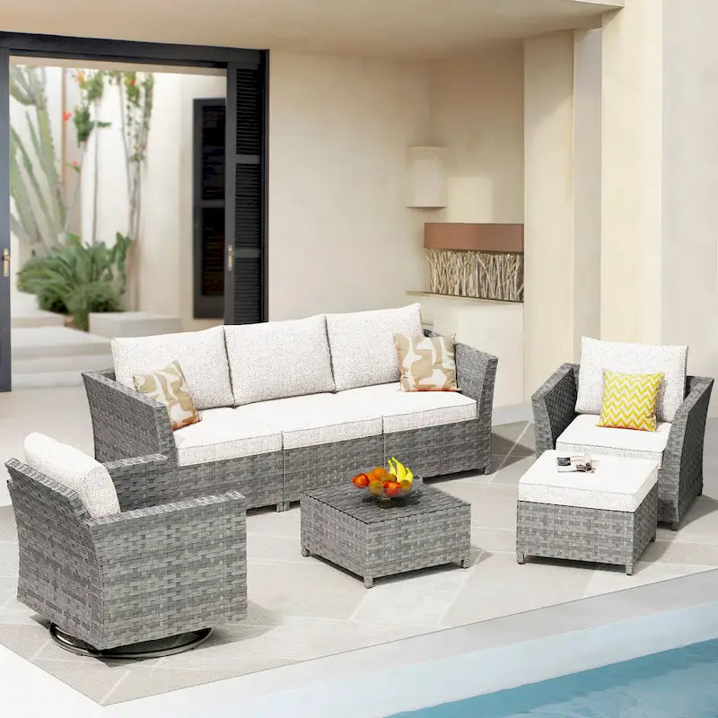 HOOOWOOO 7-piece PE Wicker Outdoor Furniture Sectional Set with Swivel Rocking Chair