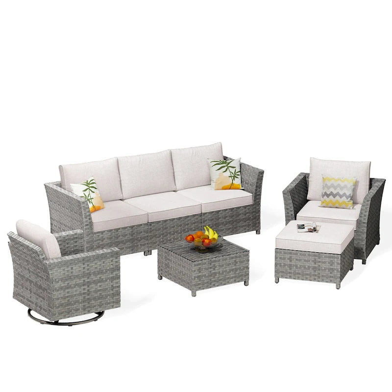 HOOOWOOO 7-piece PE Wicker Outdoor Furniture Sectional Set with Swivel Rocking Chair
