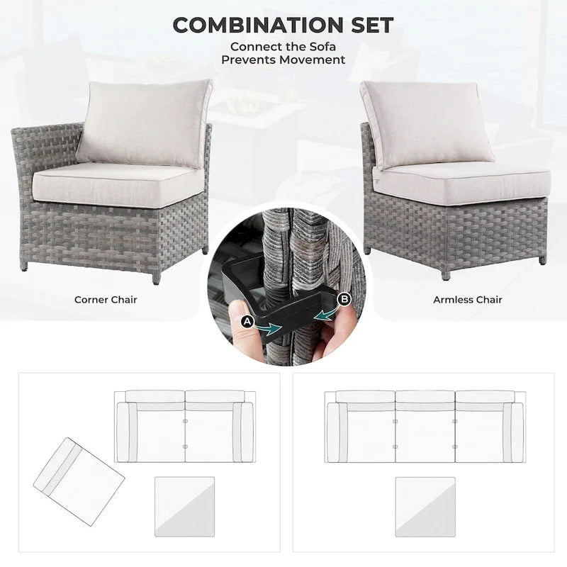 HOOOWOOO 7-piece PE Wicker Outdoor Furniture Sectional Set with Swivel Rocking Chair