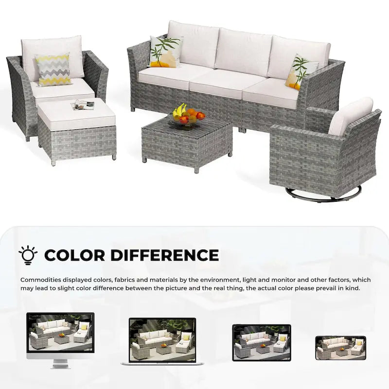 HOOOWOOO 7-piece PE Wicker Outdoor Furniture Sectional Set with Swivel Rocking Chair