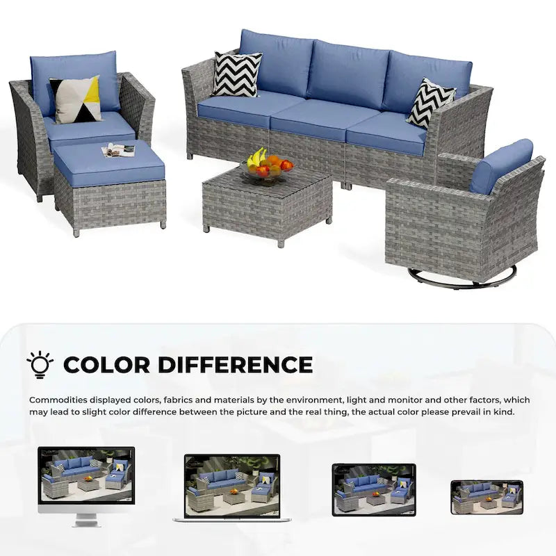 HOOOWOOO 7-piece PE Wicker Outdoor Furniture Sectional Set with Swivel Rocking Chair