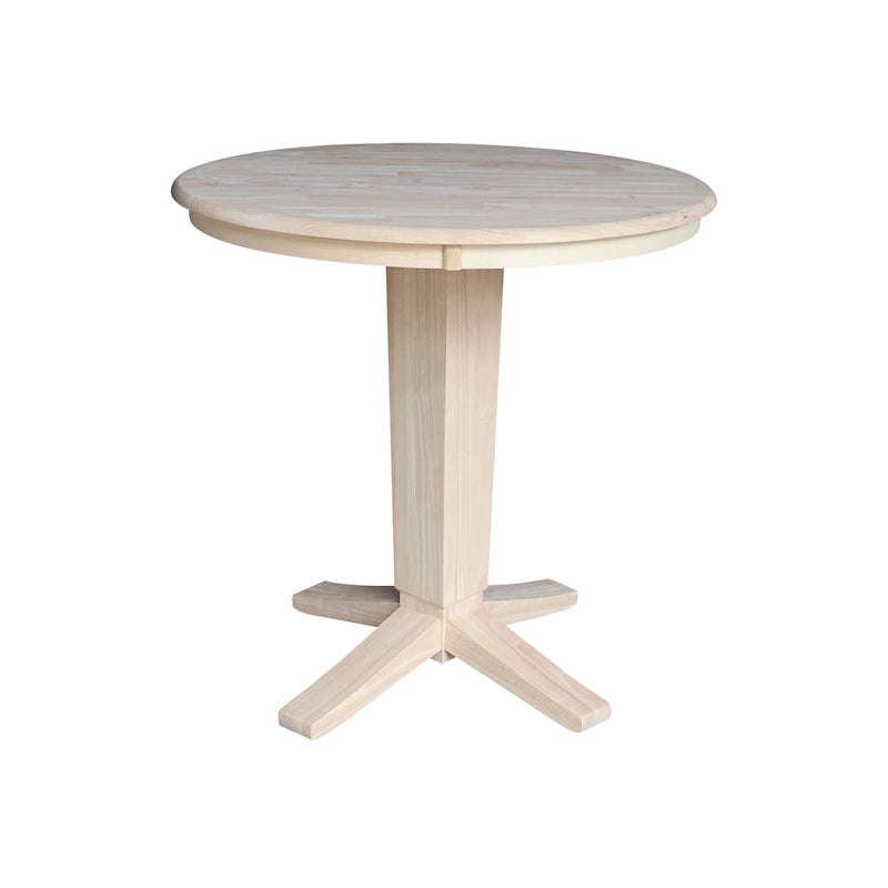 Round Solid Parawood Counter Height Pedestal Dining Table – Black / White / Distressed Oak / Unfinished / Hickory