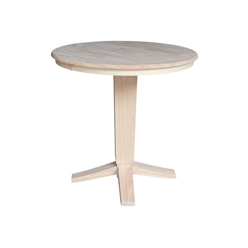 Round Solid Parawood Counter Height Pedestal Dining Table – Black / White / Distressed Oak / Unfinished / Hickory