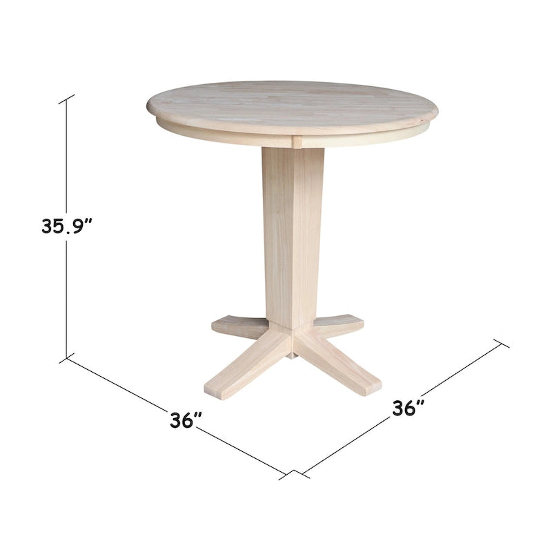Round Solid Parawood Counter Height Pedestal Dining Table – Black / White / Distressed Oak / Unfinished / Hickory